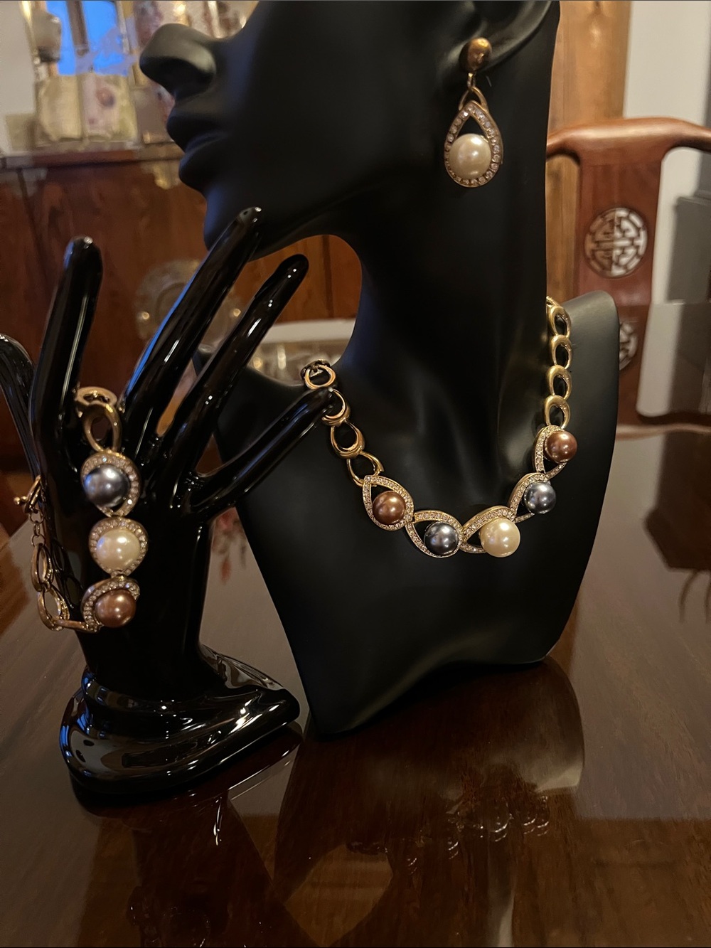 Gold Pearl Statement Necklace and Earring Set